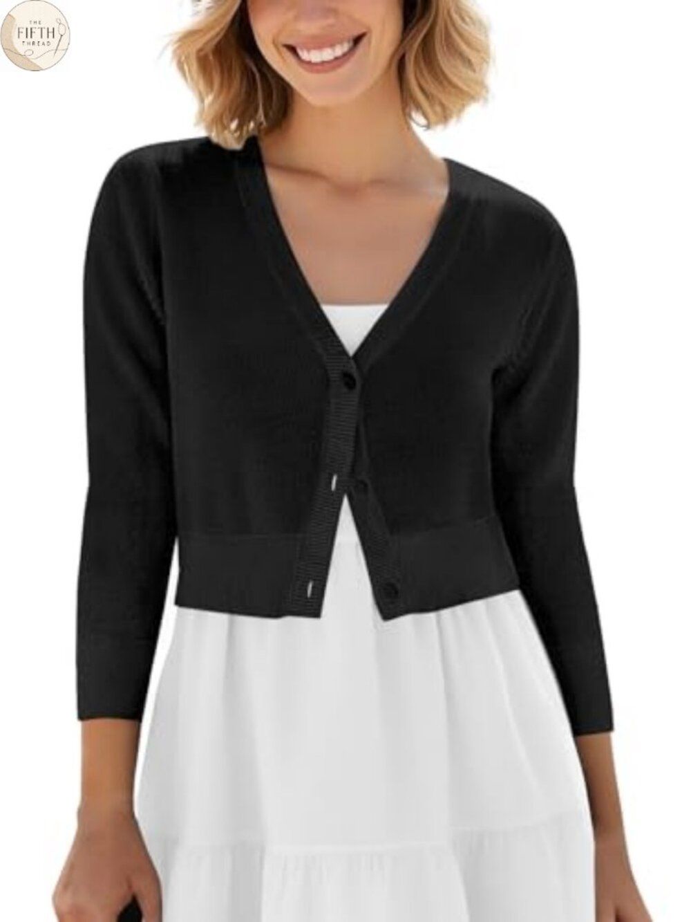 Cropped Cardigan V-Neck Button Down Knitted Sweater 3/4 Sleeve